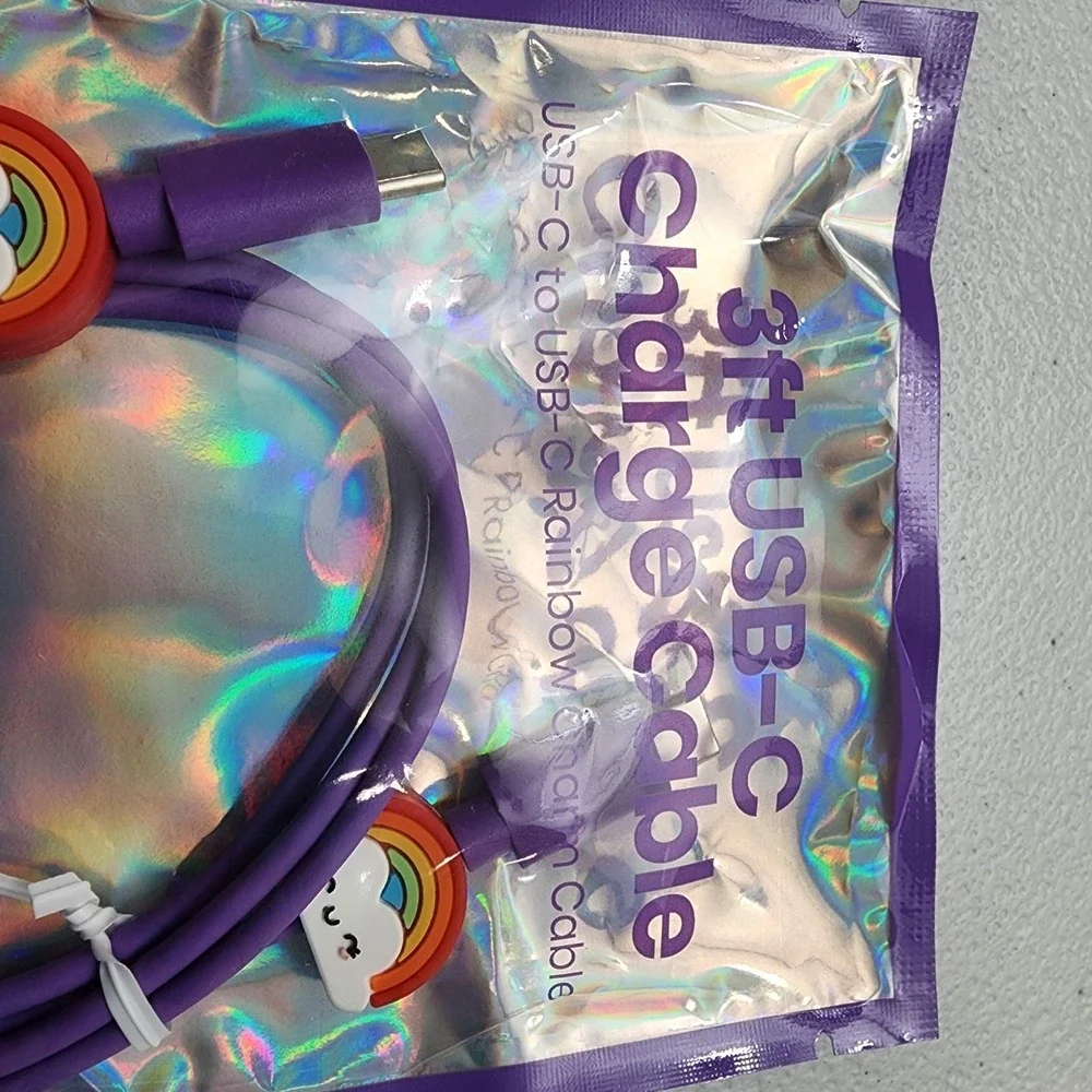 Purple Wired Earbuds 3.5 Aux Cable/ 3ft USB-C Charge Cable Rainbow Charms New
